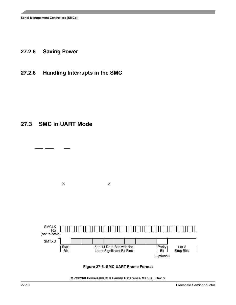 5 saving power, 6 handling interrupts in the smc, 3 smc in uart mode | Figure 27-5. smc uart frame format, Saving power -10, Handling interrupts in the smc -10, Smc in uart mode -10, Smc uart frame format -10 | Freescale Semiconductor MPC8260 User Manual | Page 822 / 1360