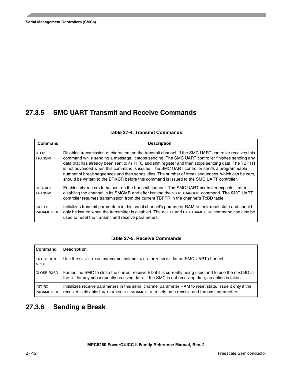 5 smc uart transmit and receive commands, Table 27-4. transmit commands, Table 27-5. receive commands | 6 sending a break, Smc uart transmit and receive commands -12, Sending a break -12, Transmit commands -12, Receive commands -12 | Freescale Semiconductor MPC8260 User Manual | Page 824 / 1360