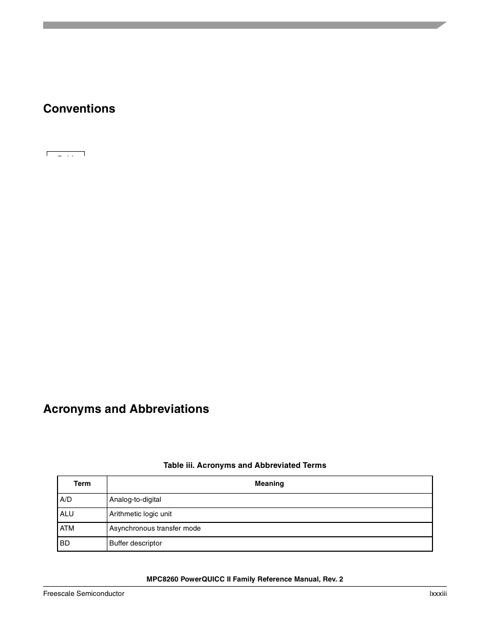 Conventions, Acronyms and abbreviations | Freescale Semiconductor MPC8260 User Manual | Page 85 / 1360