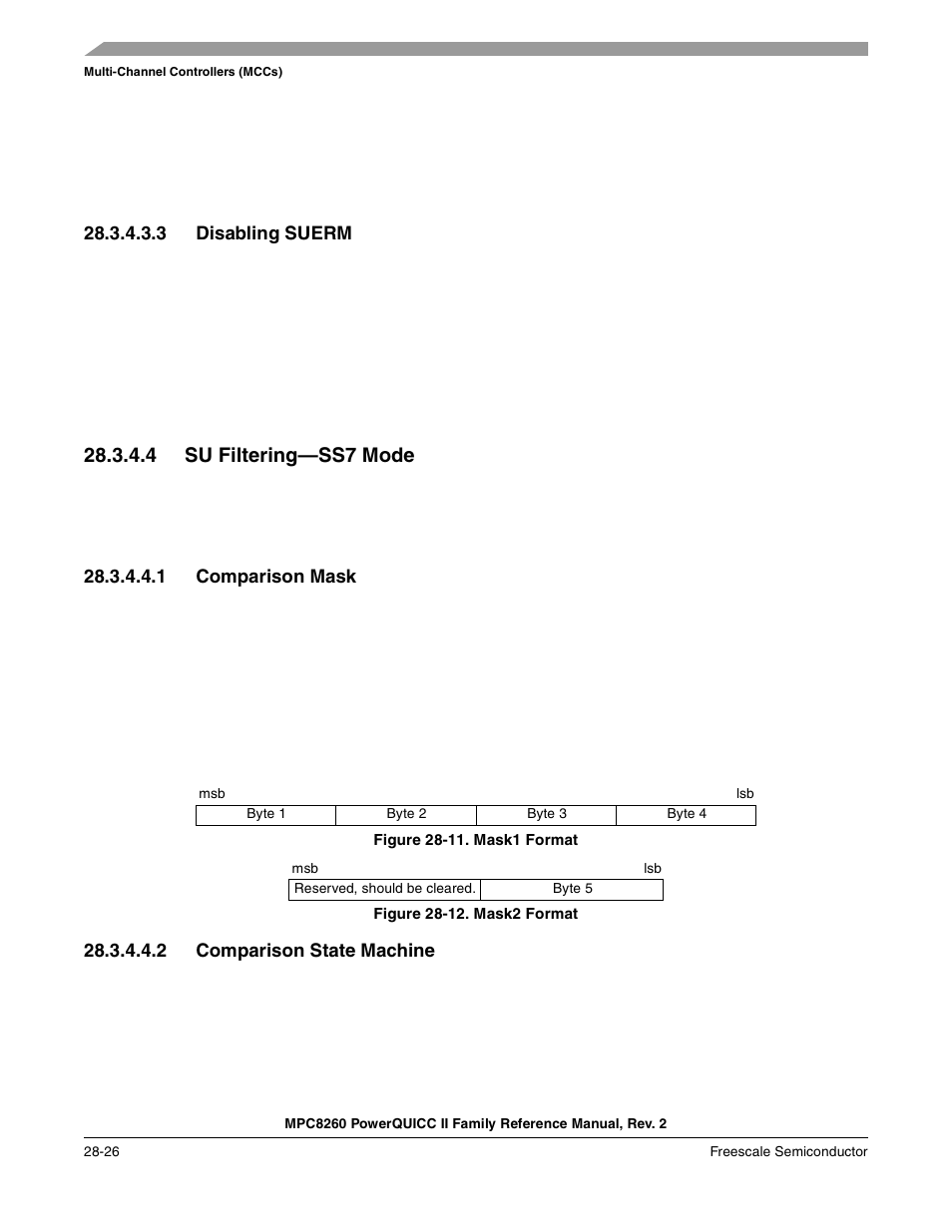 3 disabling suerm, 4 su filtering-ss7 mode, 1 comparison mask | Figure 28-11. mask1 format, Figure 28-12. mask2 format, 2 comparison state machine, Disabling suerm -26, Su filtering—ss7 mode -26, Comparison mask -26, Comparison state machine -26 | Freescale Semiconductor MPC8260 User Manual | Page 874 / 1360