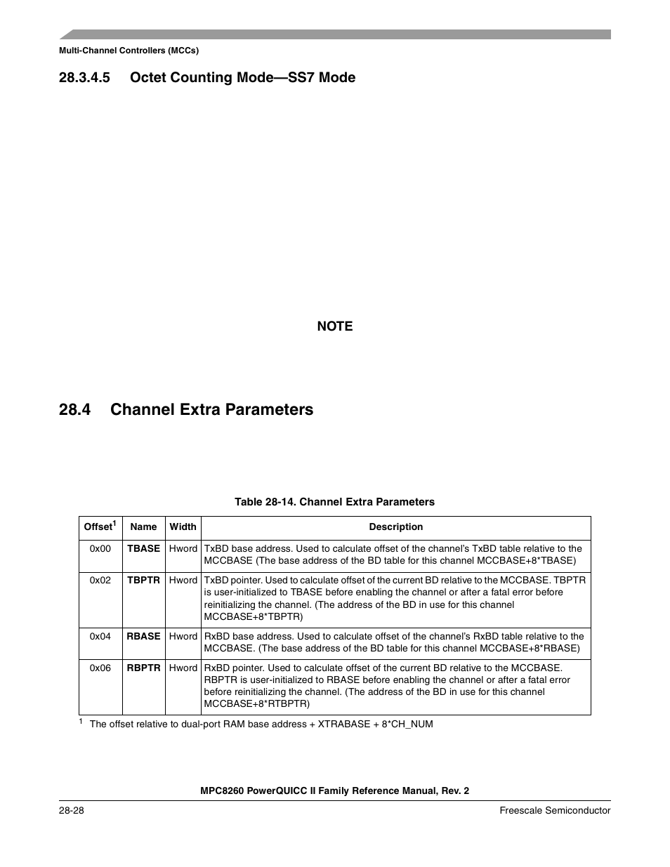 5 octet counting mode-ss7 mode, 4 channel extra parameters, Table 28-14. channel extra parameters | Octet counting mode—ss7 mode -28, Channel extra parameters -28, R to, Section 28.4, “channel extra parameters, 5 octet counting mode—ss7 mode | Freescale Semiconductor MPC8260 User Manual | Page 876 / 1360