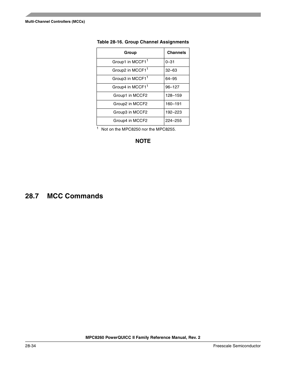 Table 28-16. group channel assignments, 7 mcc commands, Mcc commands -34 | Group channel assignments -34, Section 28.7, “mcc commands, Section 28.7, “mcc, Commands, Section 28.7, Mcc commands | Freescale Semiconductor MPC8260 User Manual | Page 882 / 1360