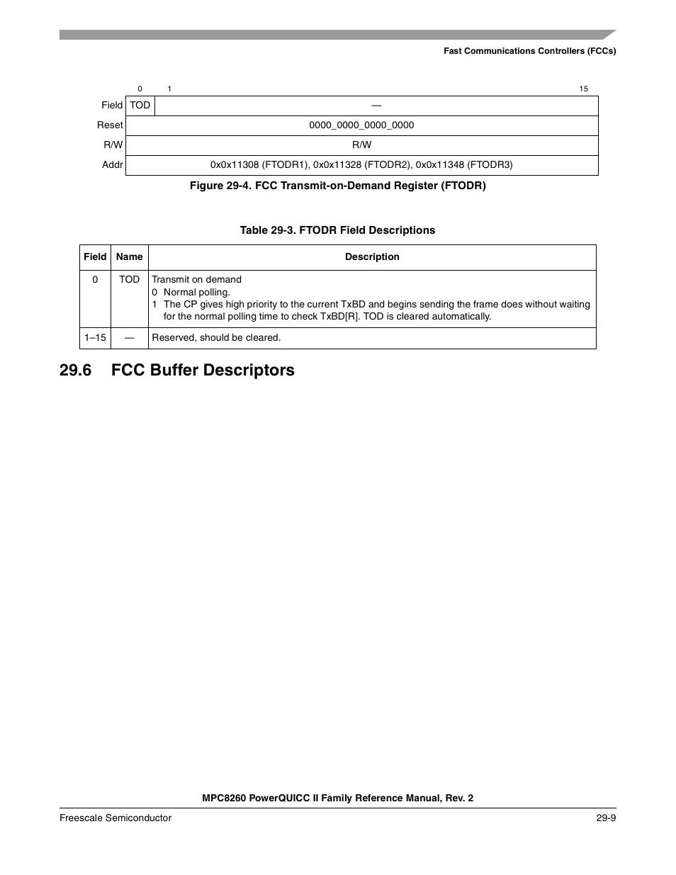 Table 29-3. ftodr field descriptions, 6 fcc buffer descriptors, Fcc buffer descriptors -9 | Fcc transmit-on-demand register (ftodr) -9, Ftodr field descriptions -9, Fields in the ftodr are described in table 29-3 | Freescale Semiconductor MPC8260 User Manual | Page 907 / 1360