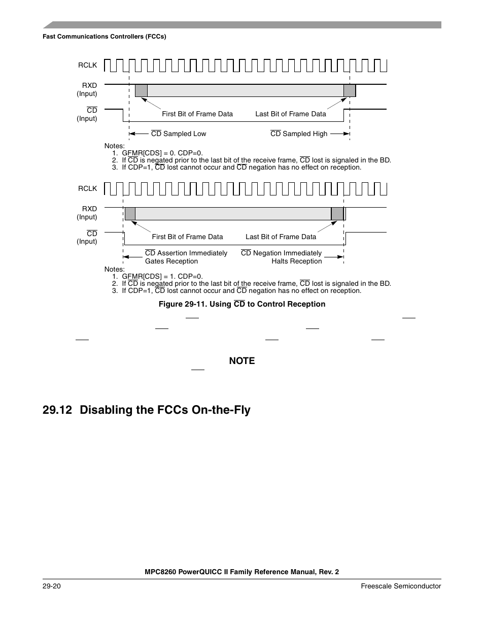 Figure 29-11. using cd to control reception, 12 disabling the fccs on-the-fly, Disabling the fccs on-the-fly -20 | Using cd to control reception -20, Section 29.12, Disabling the fccs on-the-fly, Section 29.12, “disabling the fccs on-the-fly | Freescale Semiconductor MPC8260 User Manual | Page 918 / 1360