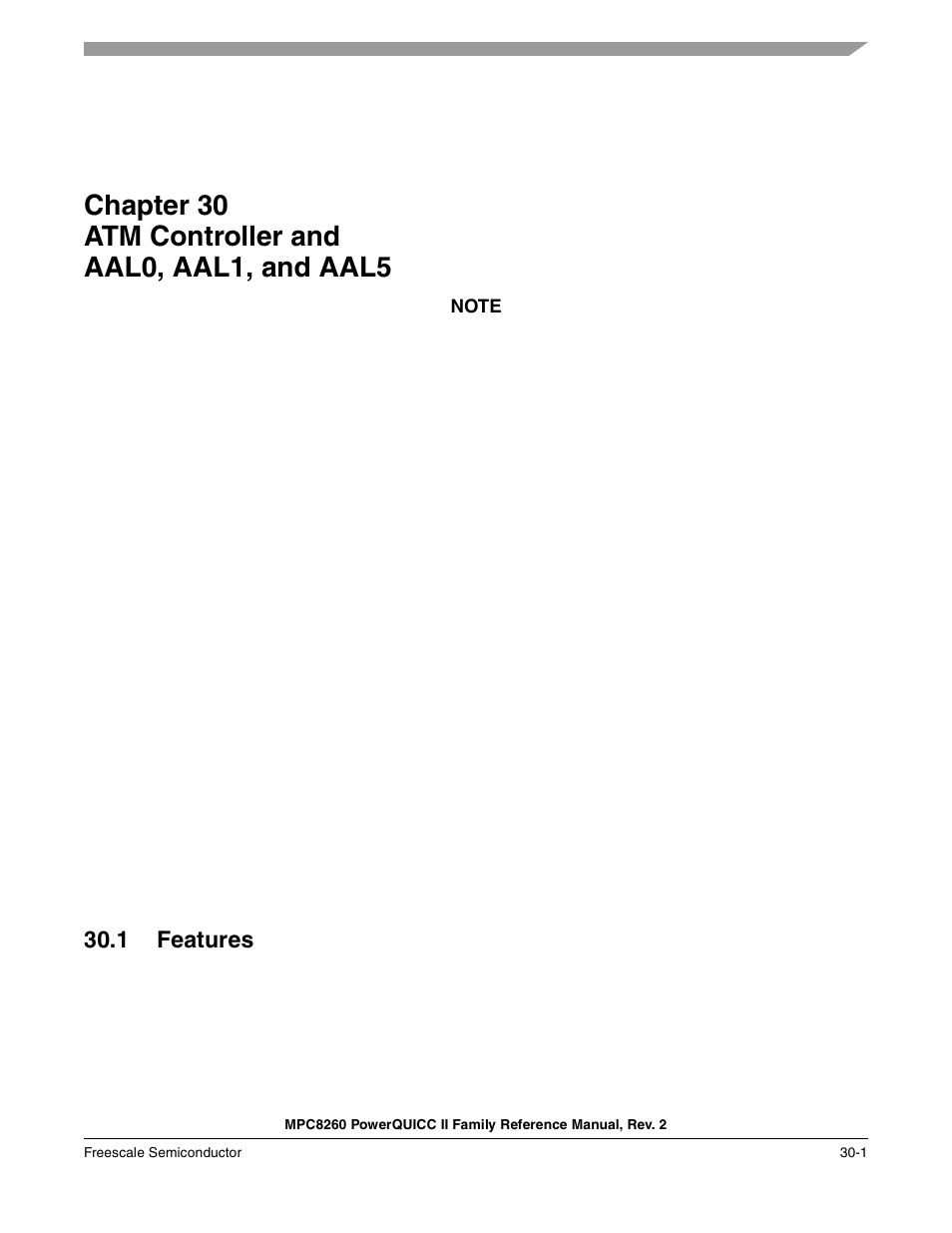 Chapter 30 atm controller and aal0, aal1, and aal5, 1 features, Atm controller and aal0, aal1, and aal5 | Chapter 30, Atm controller and, Aal0, aal1, and aal5, Features -1 | Freescale Semiconductor MPC8260 User Manual | Page 921 / 1360