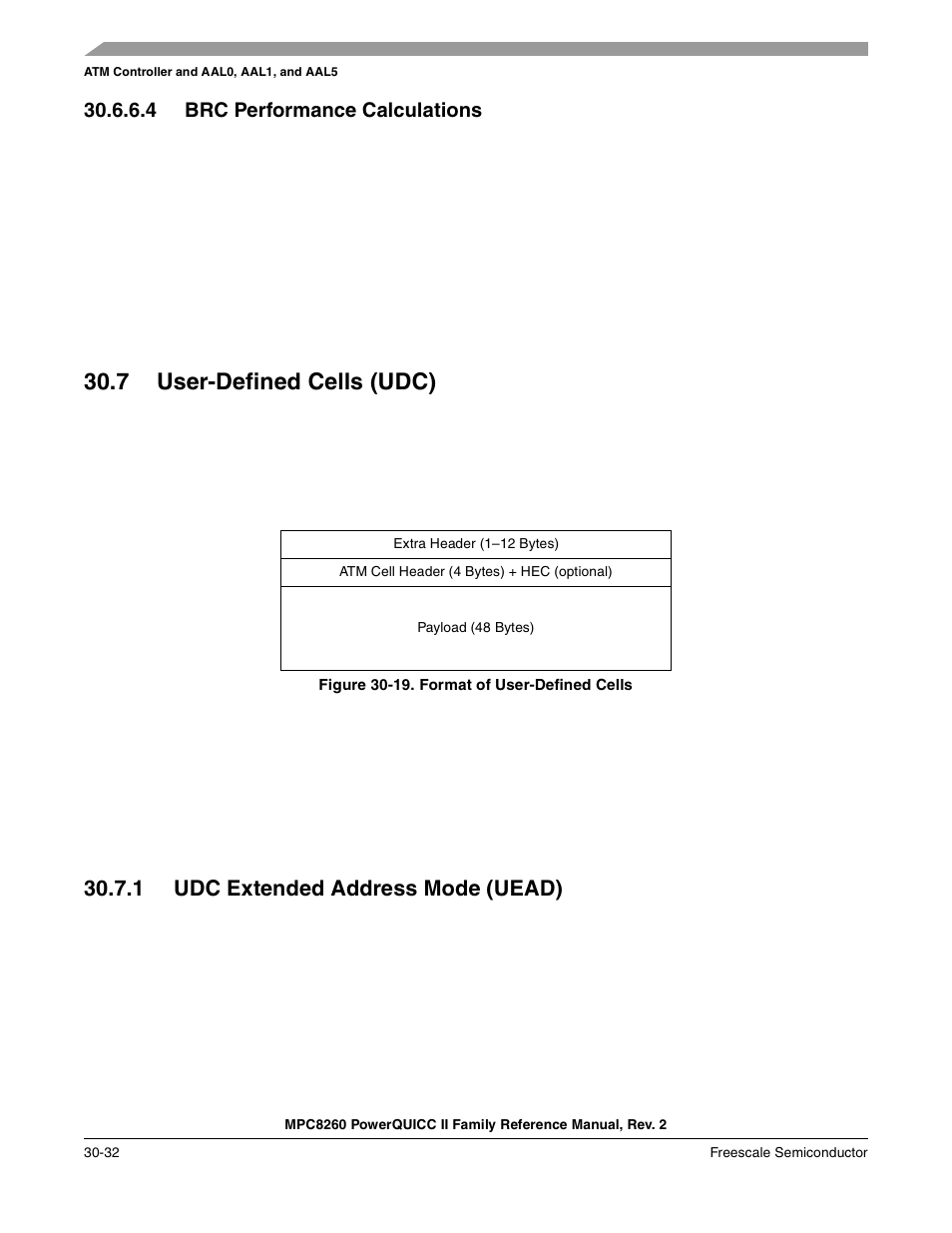 4 brc performance calculations, 7 user-defined cells (udc), Figure 30-19. format of user-defined cells | 1 udc extended address mode (uead), Brc performance calculations -32, User-defined cells (udc) -32, Udc extended address mode (uead) -32, Format of user-defined cells -32 | Freescale Semiconductor MPC8260 User Manual | Page 952 / 1360