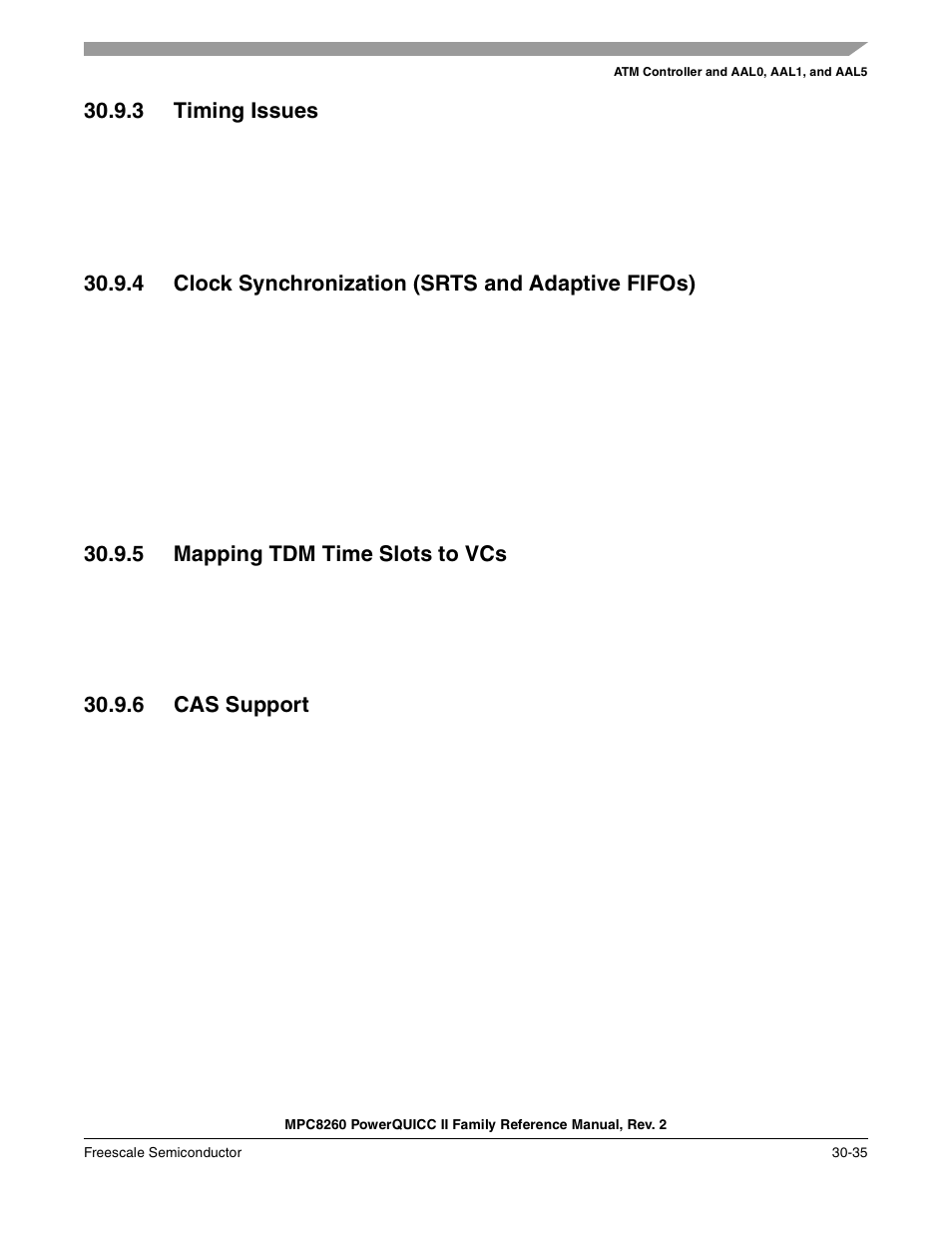 3 timing issues, 4 clock synchronization (srts and adaptive fifos), 5 mapping tdm time slots to vcs | 6 cas support, Timing issues -35, Mapping tdm time slots to vcs -35, Cas support -35 | Freescale Semiconductor MPC8260 User Manual | Page 955 / 1360