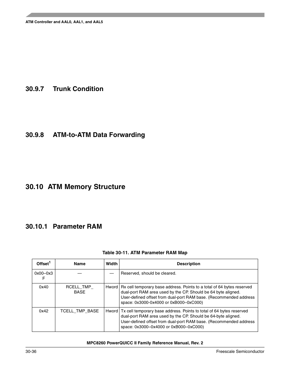 7 trunk condition, 8 atm-to-atm data forwarding, 10 atm memory structure | 1 parameter ram, Table 30-11. atm parameter ram map (continued), Trunk condition -36, Atm-to-atm data forwarding -36, Atm memory structure -36, Parameter ram -36, Atm parameter ram map -36 | Freescale Semiconductor MPC8260 User Manual | Page 956 / 1360