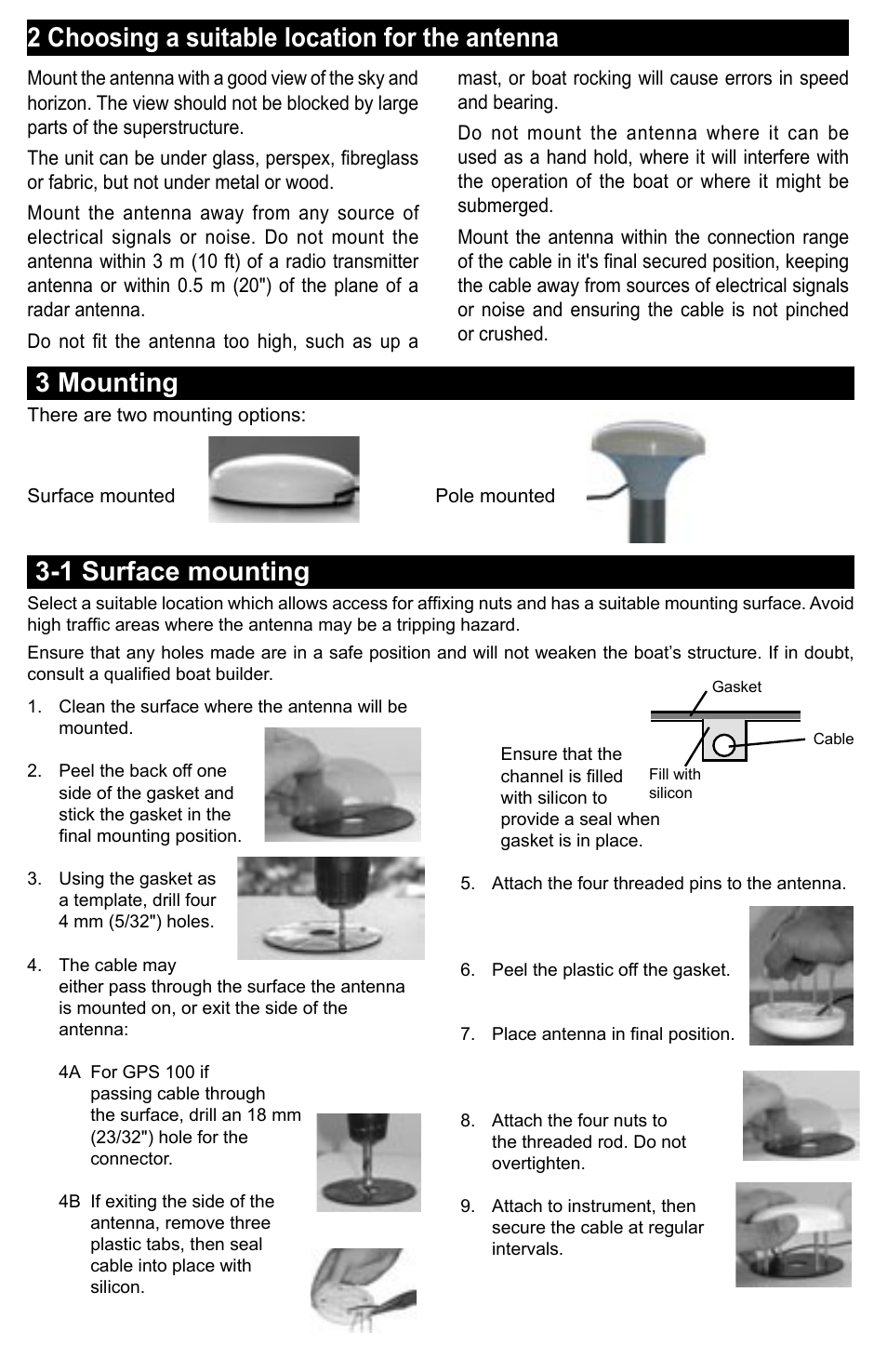 2 choosing a suitable location for the antenna, 1 surface mounting, 3 mounting | Faria Instruments GPS100 User Manual | Page 3 / 4