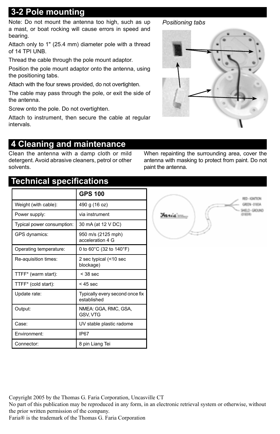 2 pole mounting, Technical speciﬁcations, 4 cleaning and maintenance | Faria Instruments GPS100 User Manual | Page 4 / 4