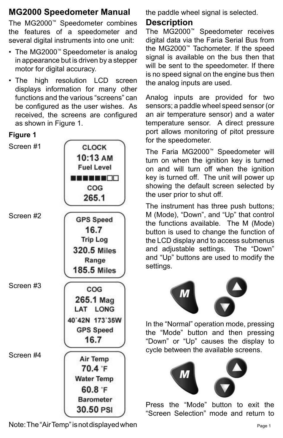 Mg2000 speedometer manual, Description | Faria Instruments MG2000 Speedometer MG2000TM User Manual | Page 5 / 20