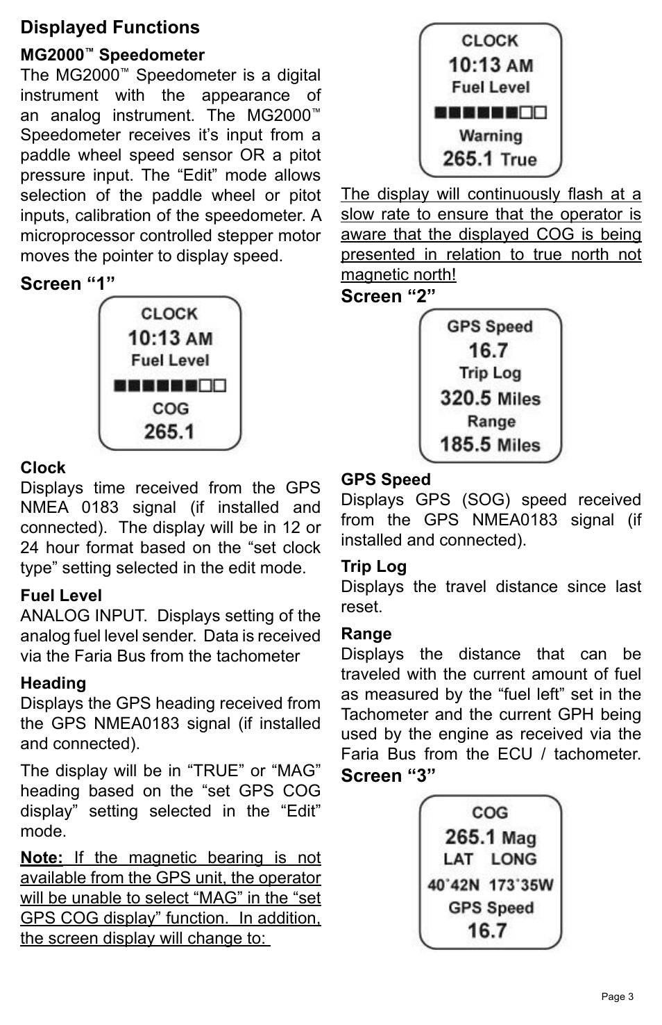 Displayed functions, Screen “1, Screen “2 | Screen “3 | Faria Instruments MG2000 Speedometer MG2000TM User Manual | Page 7 / 20