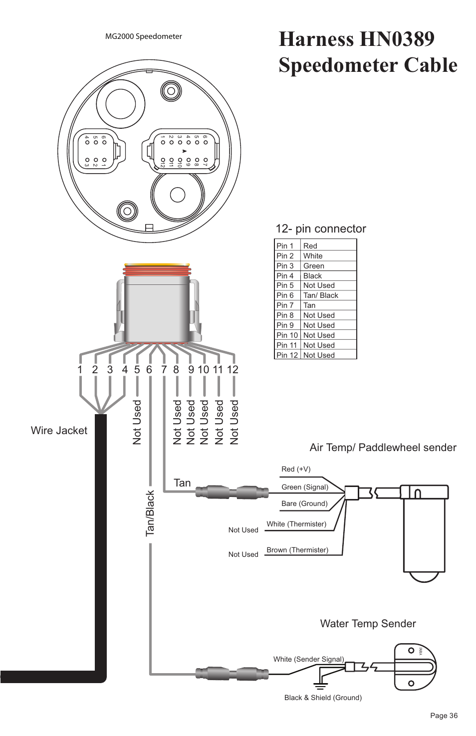 Harness hn0389 speedometer cable, Pin connector, Water temp sender | Faria Instruments NMEA2000 User Manual | Page 39 / 44