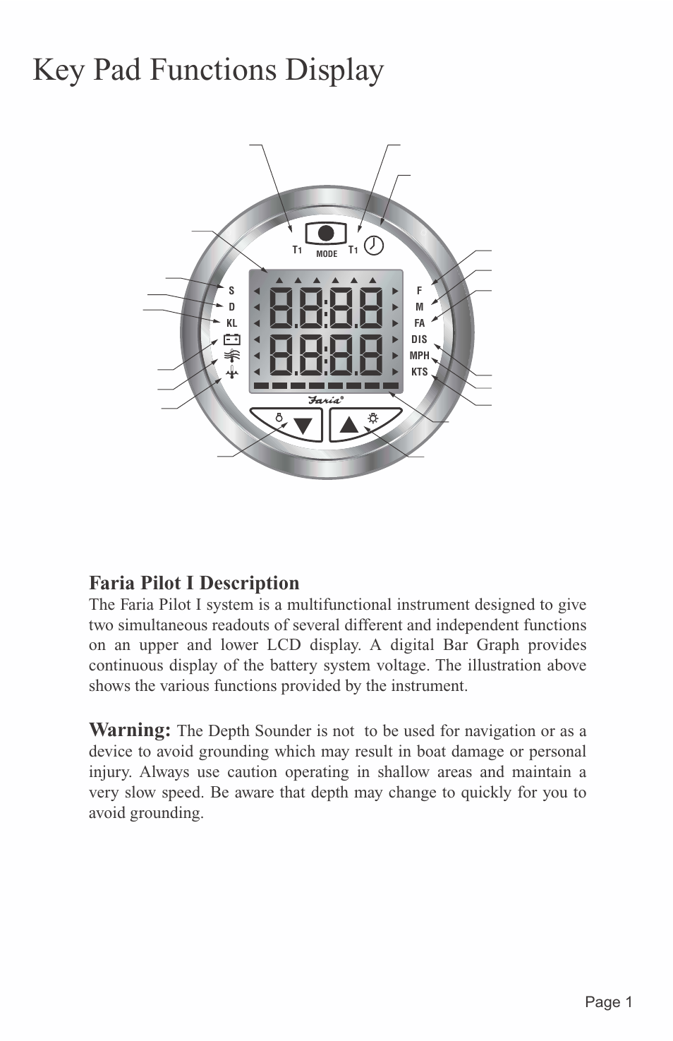 Key pad functions display, Faria pilot i description, Warning | Faria Instruments PILOT IS0152 User Manual | Page 3 / 23