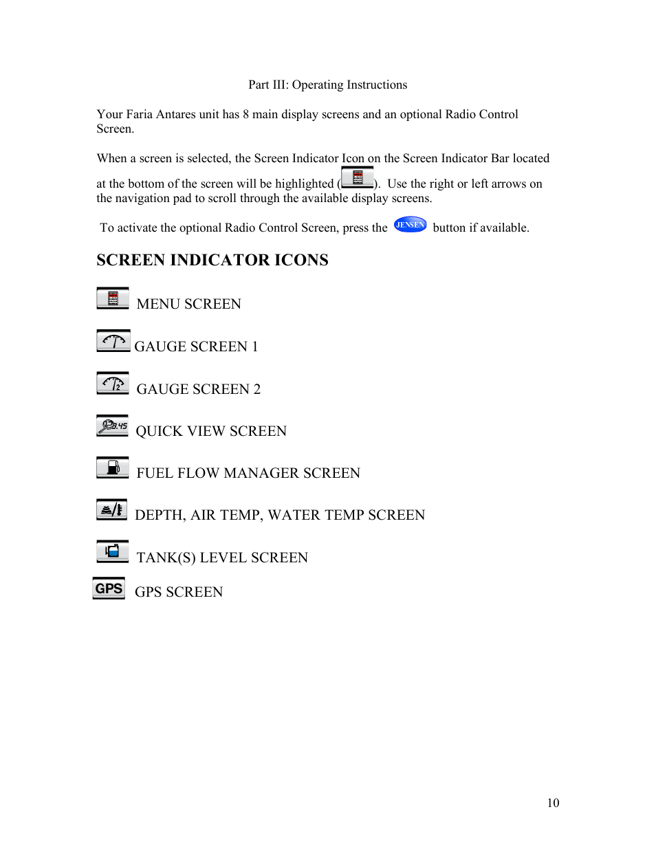 Screen indicator icons | Faria Instruments Antares IS0250a User Manual | Page 12 / 44