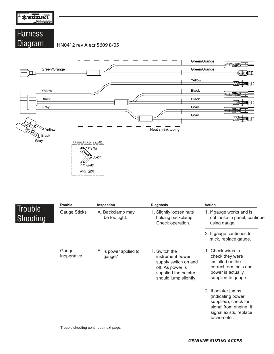 Trouble shooting harness diagram | Faria Instruments Suzuki User Manual | Page 3 / 4