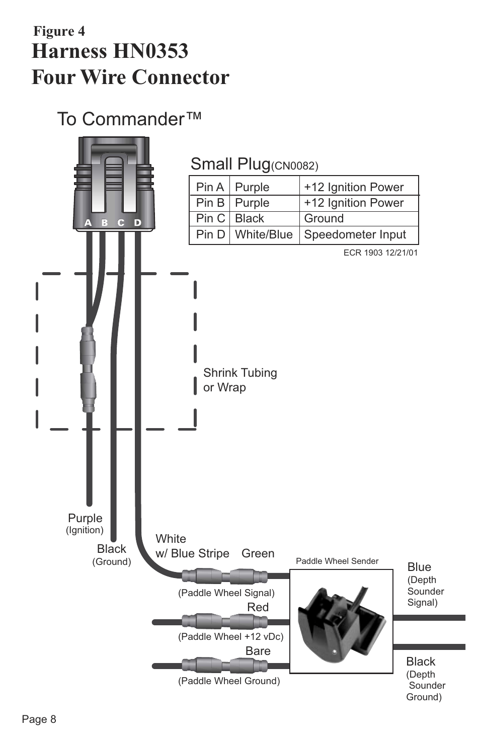 Harness hn0353 four wire connector, Small plug, Figure 4 | Faria Instruments Speedometer/Depth Sounder User Manual | Page 10 / 13