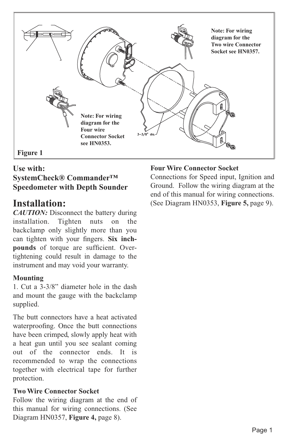Installation, Figure 1, Page 1 | Faria Instruments Speedometer/Depth Sounder User Manual | Page 3 / 13
