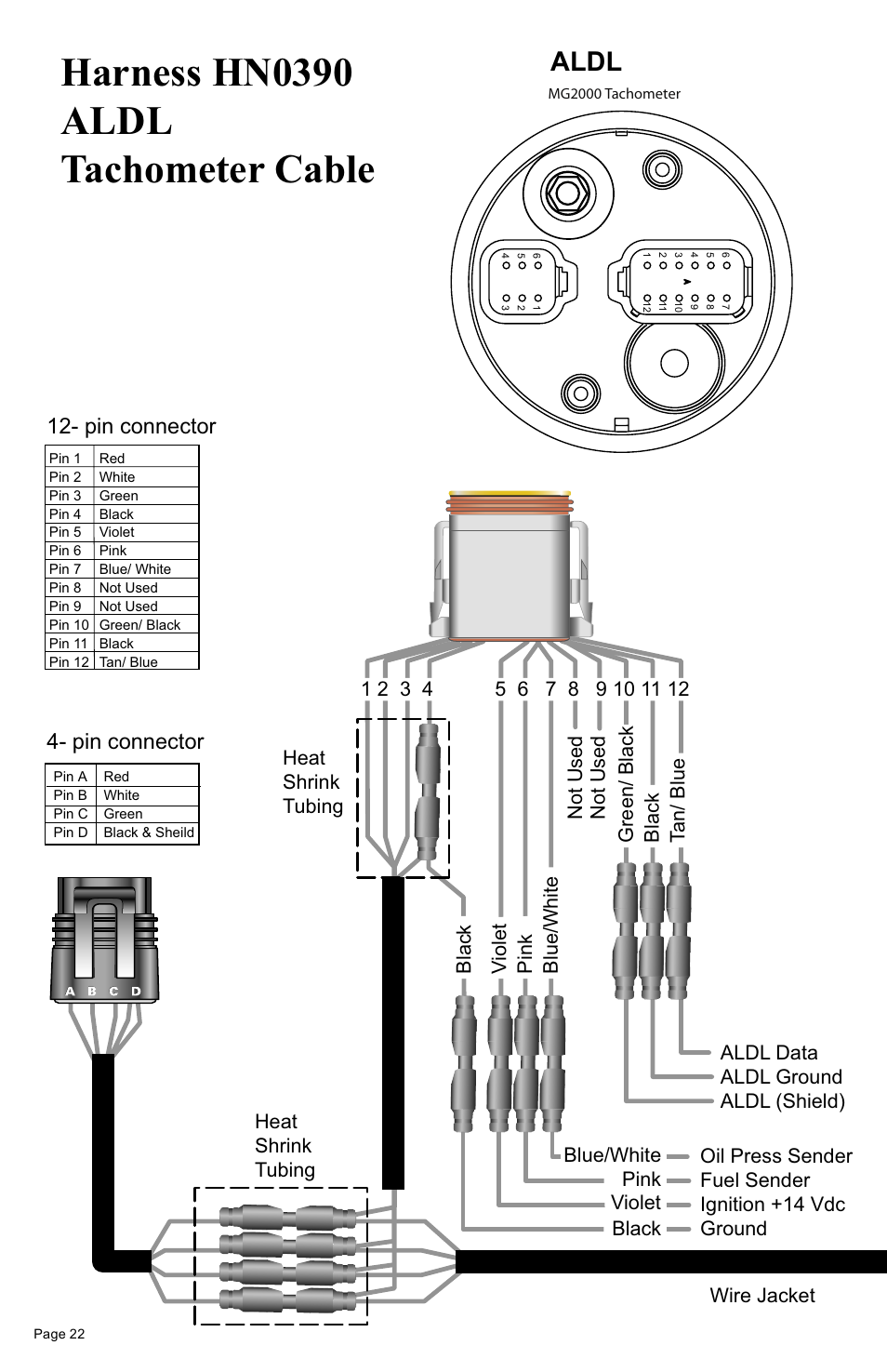 Harness hn0390 aldl tachometer cable, Aldl, Pin connector 12- pin connector | Faria Instruments MG2000 User Manual | Page 26 / 32