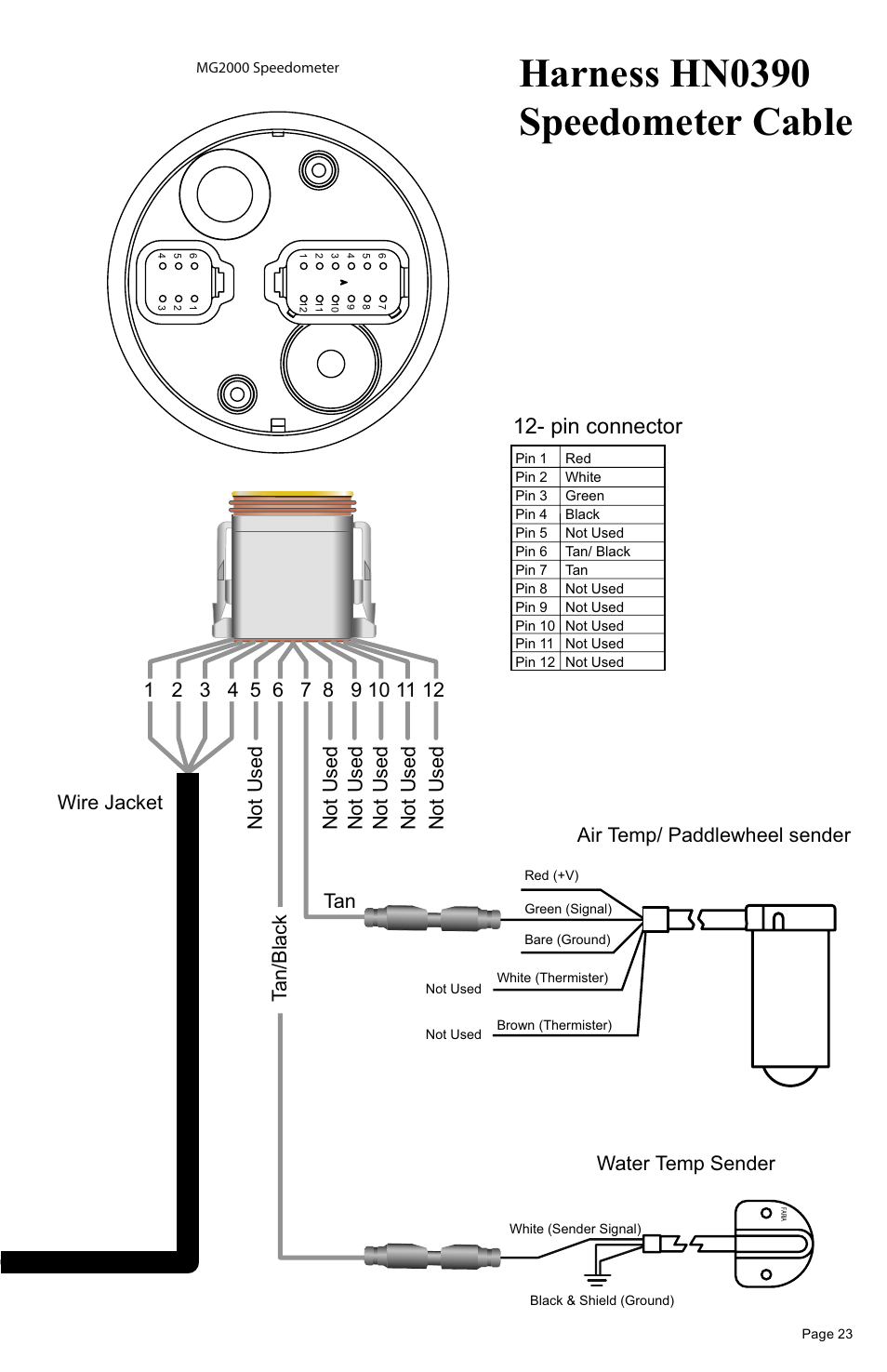 Harness hn0390 speedometer cable, Pin connector, Water temp sender | Faria Instruments MG2000 User Manual | Page 27 / 32