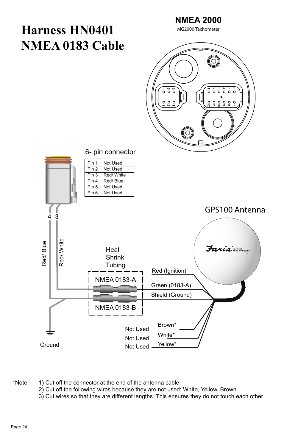 Nmea 2000, Gps100 antenna, Pin connector | Heat shrink tubing | Faria Instruments MG2000 User Manual | Page 28 / 32