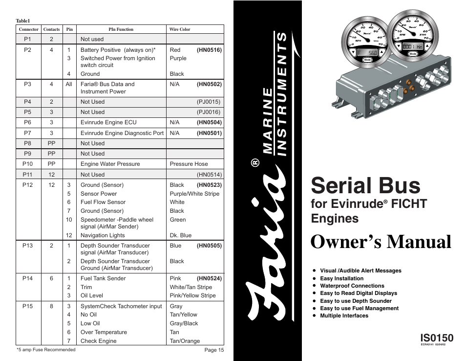 Serial bus, Owner’s manual, For evinrude | Ficht engines, Is0150 | Faria Instruments Evinrude FICHT Engines User Manual | Page 16 / 16