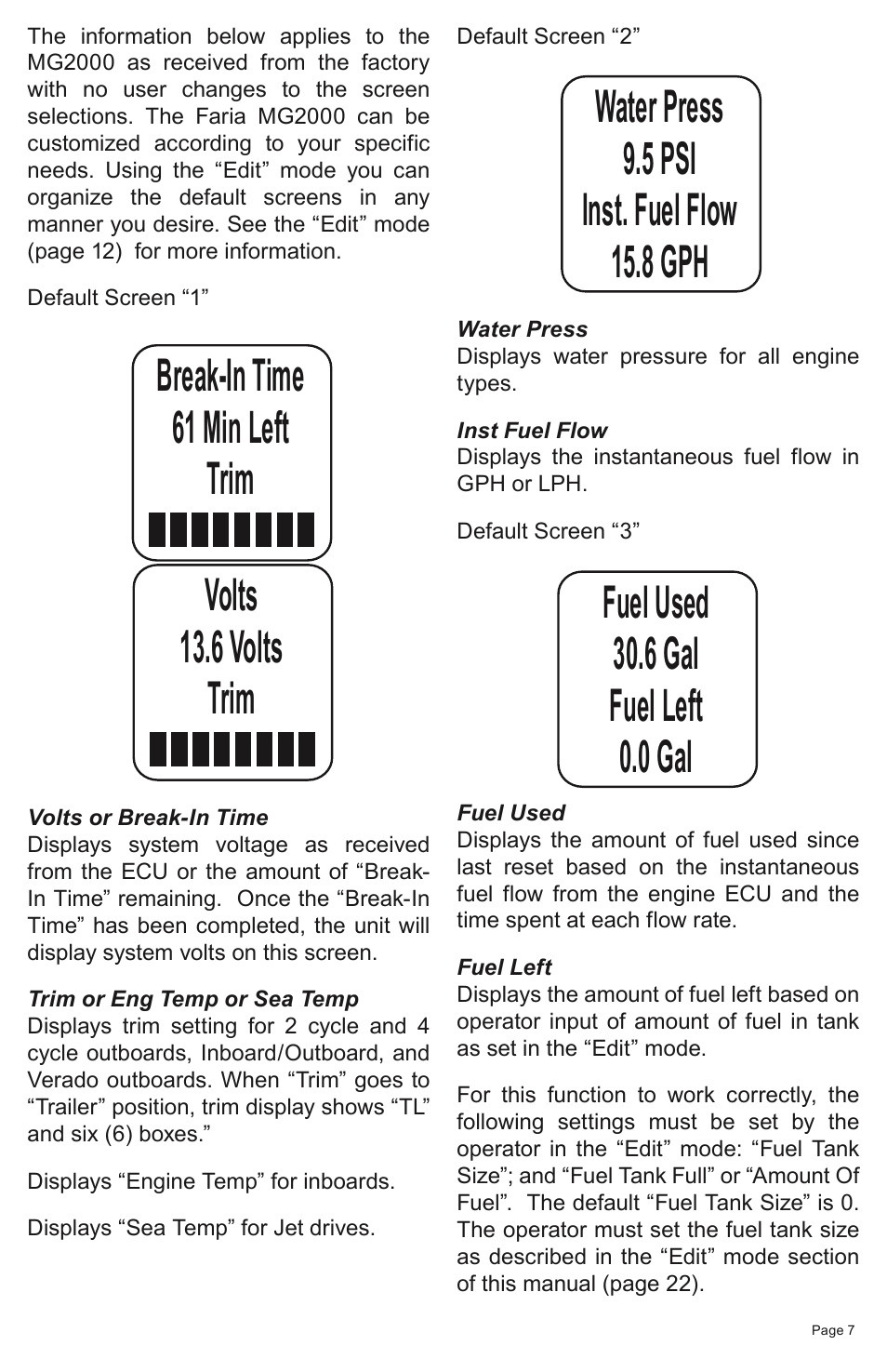 Break-in time 61 min left trim, Volts 13.6 volts trim | Faria Instruments SMARTCRAFT MG2000 User Manual | Page 13 / 60