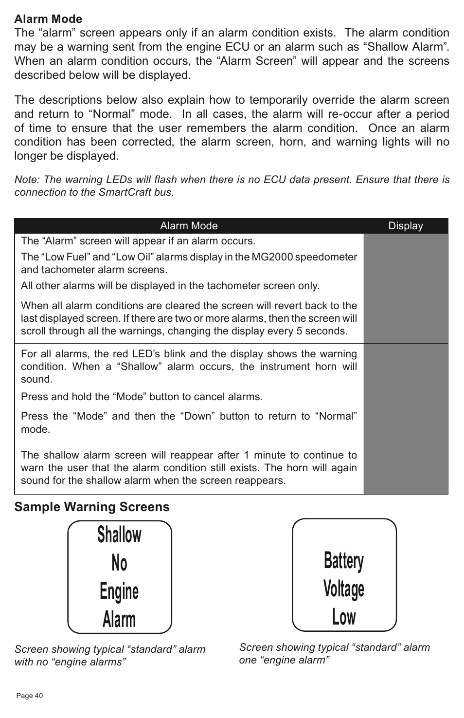 Shallow no engine alarm, Battery voltage low | Faria Instruments SMARTCRAFT MG2000 User Manual | Page 46 / 60