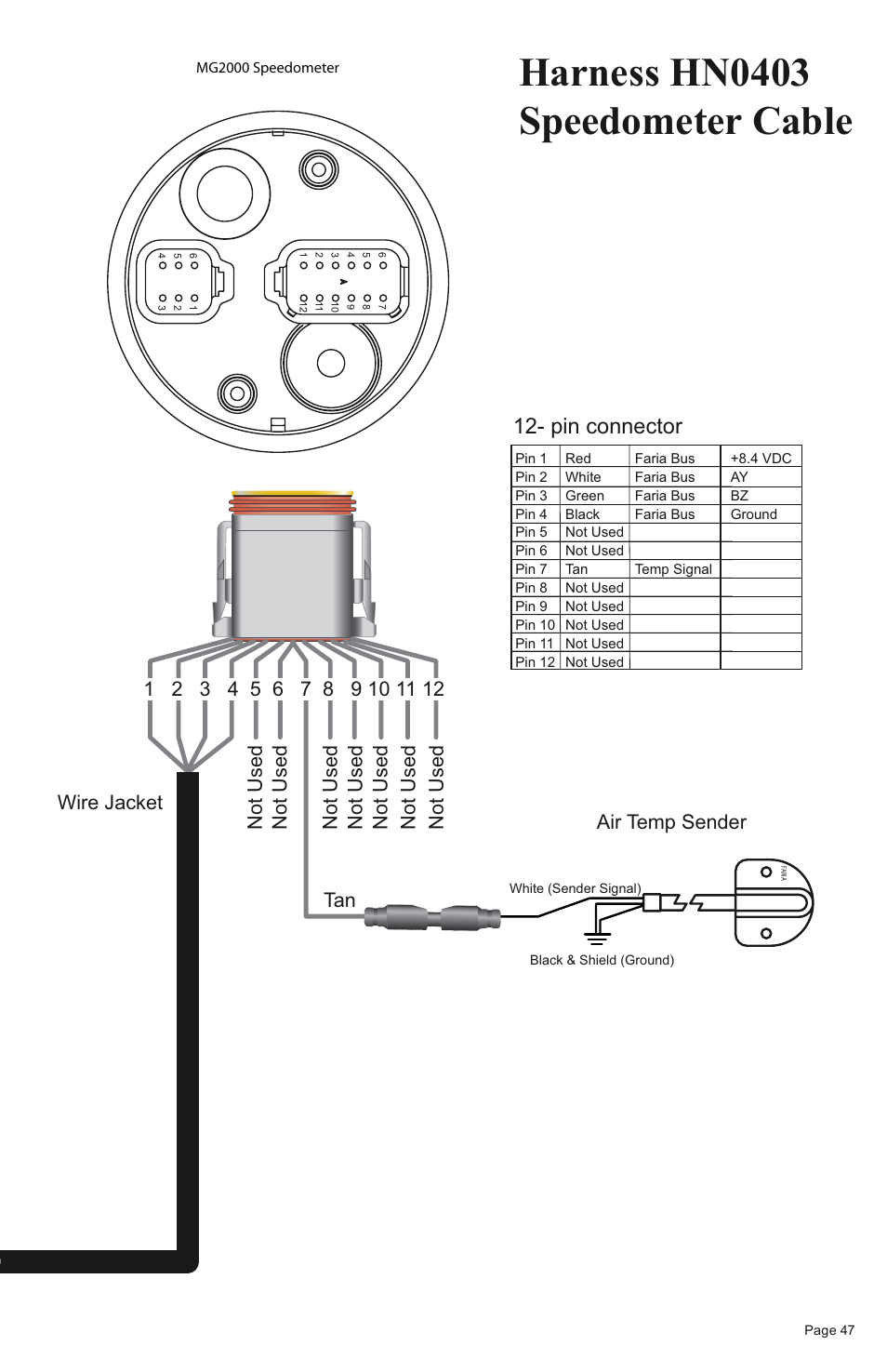 Harness hn0403 smartcraft tachometer cable, Harness hn0403 speedometer cable, Smartcraft | Pin connector 12- pin connector, Pin connector, Smartcraft cable, Air temp sender | Faria Instruments SMARTCRAFT MG2000 User Manual | Page 53 / 60