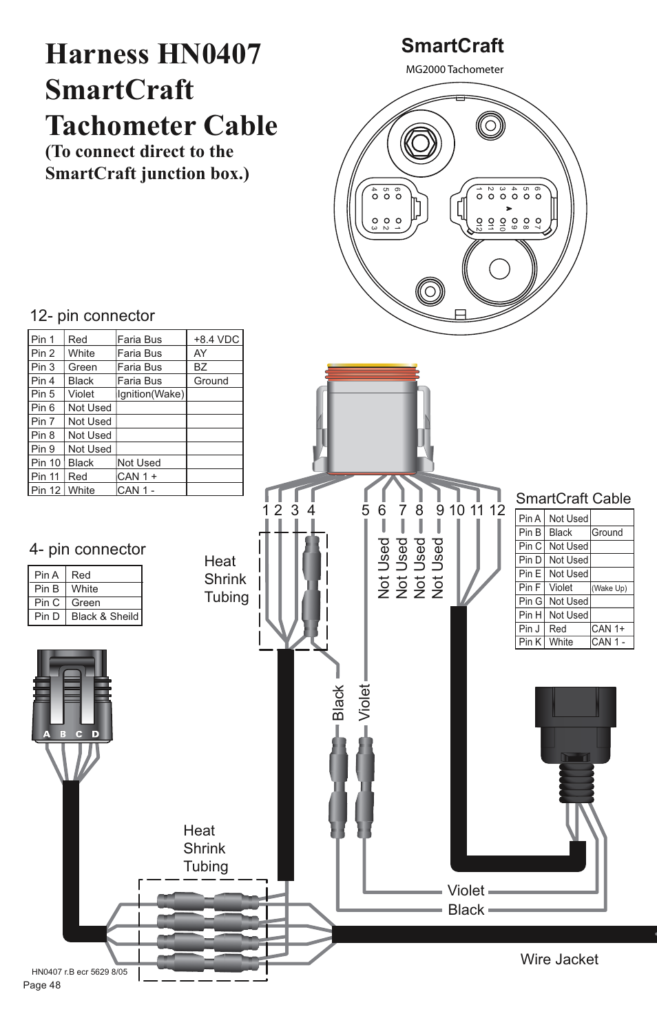 Harness hn0407 smartcraft tachometer cable, Harness hn0407 speedometer cable, Smartcraft | Pin connector 12- pin connector, Pin connector, Smartcraft cable, Air temp sender | Faria Instruments SMARTCRAFT MG2000 User Manual | Page 54 / 60