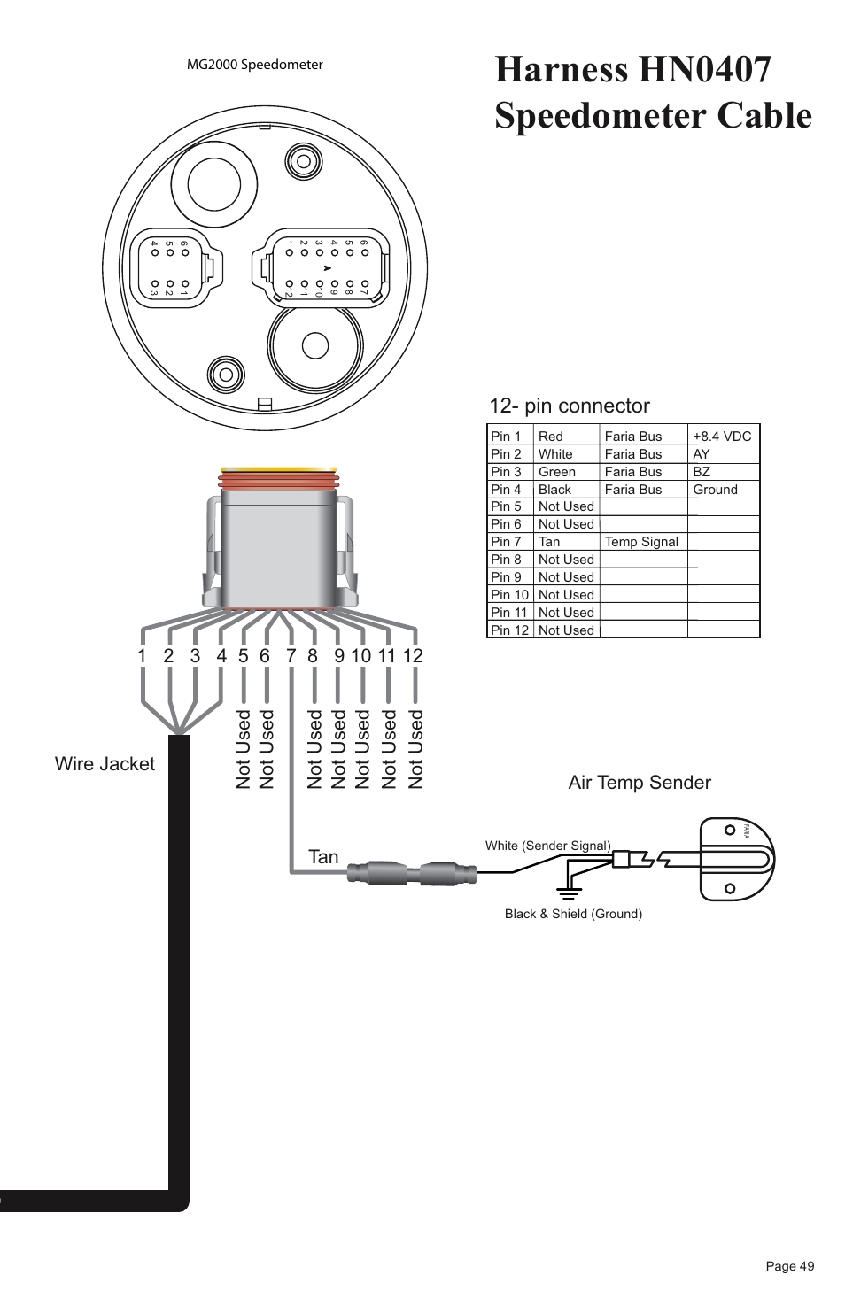 Harness hn0407 smartcraft tachometer cable, Harness hn0407 speedometer cable, Smartcraft | Pin connector 12- pin connector, Pin connector, Smartcraft cable, Air temp sender | Faria Instruments SMARTCRAFT MG2000 User Manual | Page 55 / 60