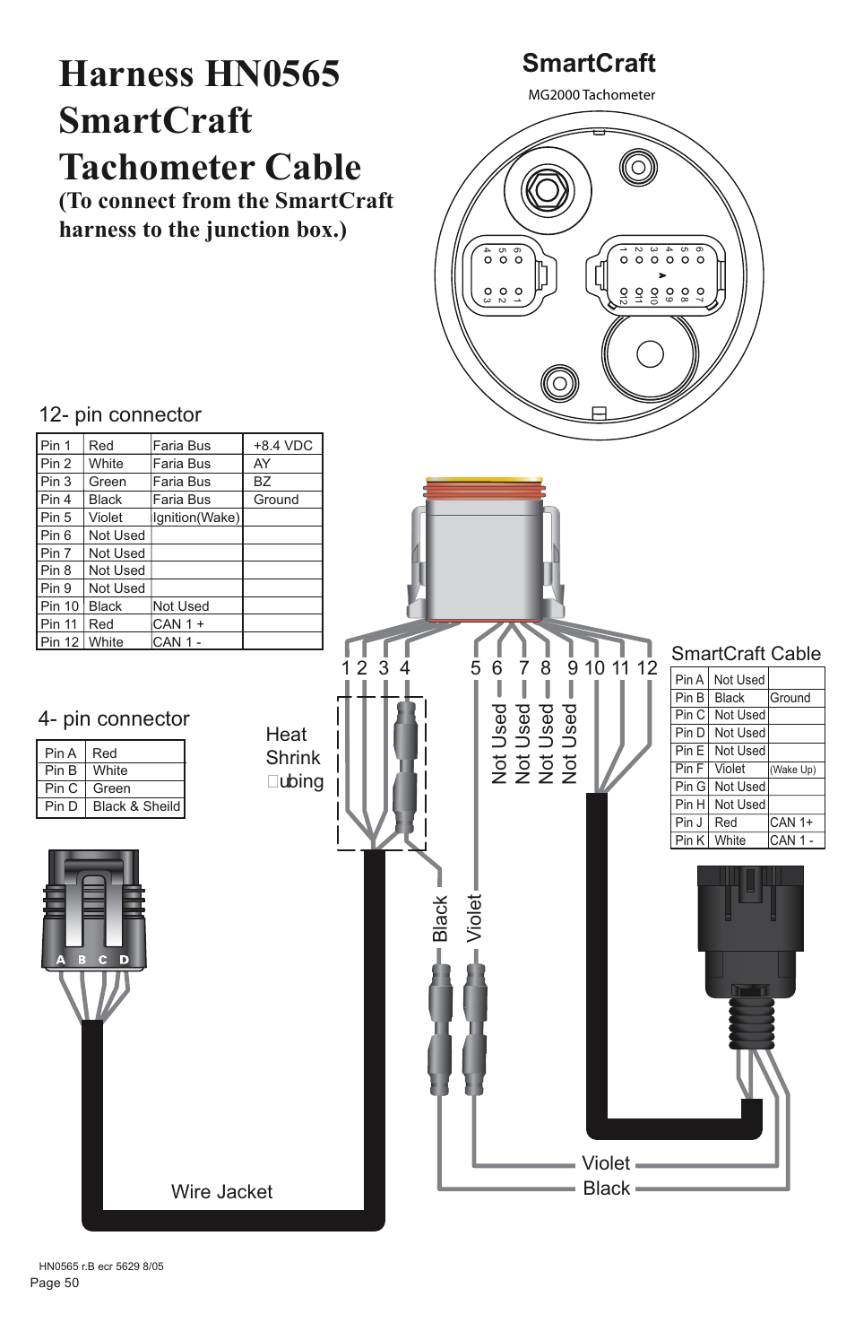 Harness hn0565 smartcraft tachometer cable, Smartcraft, Pin connector 12- pin connector | Smartcraft cable | Faria Instruments SMARTCRAFT MG2000 User Manual | Page 56 / 60