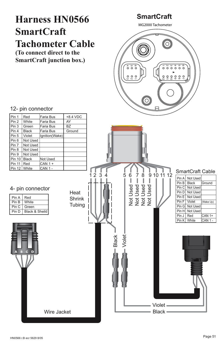 Harness hn0566 smartcraft tachometer cable, Smartcraft, Pin connector 12- pin connector | Smartcraft cable | Faria Instruments SMARTCRAFT MG2000 User Manual | Page 57 / 60