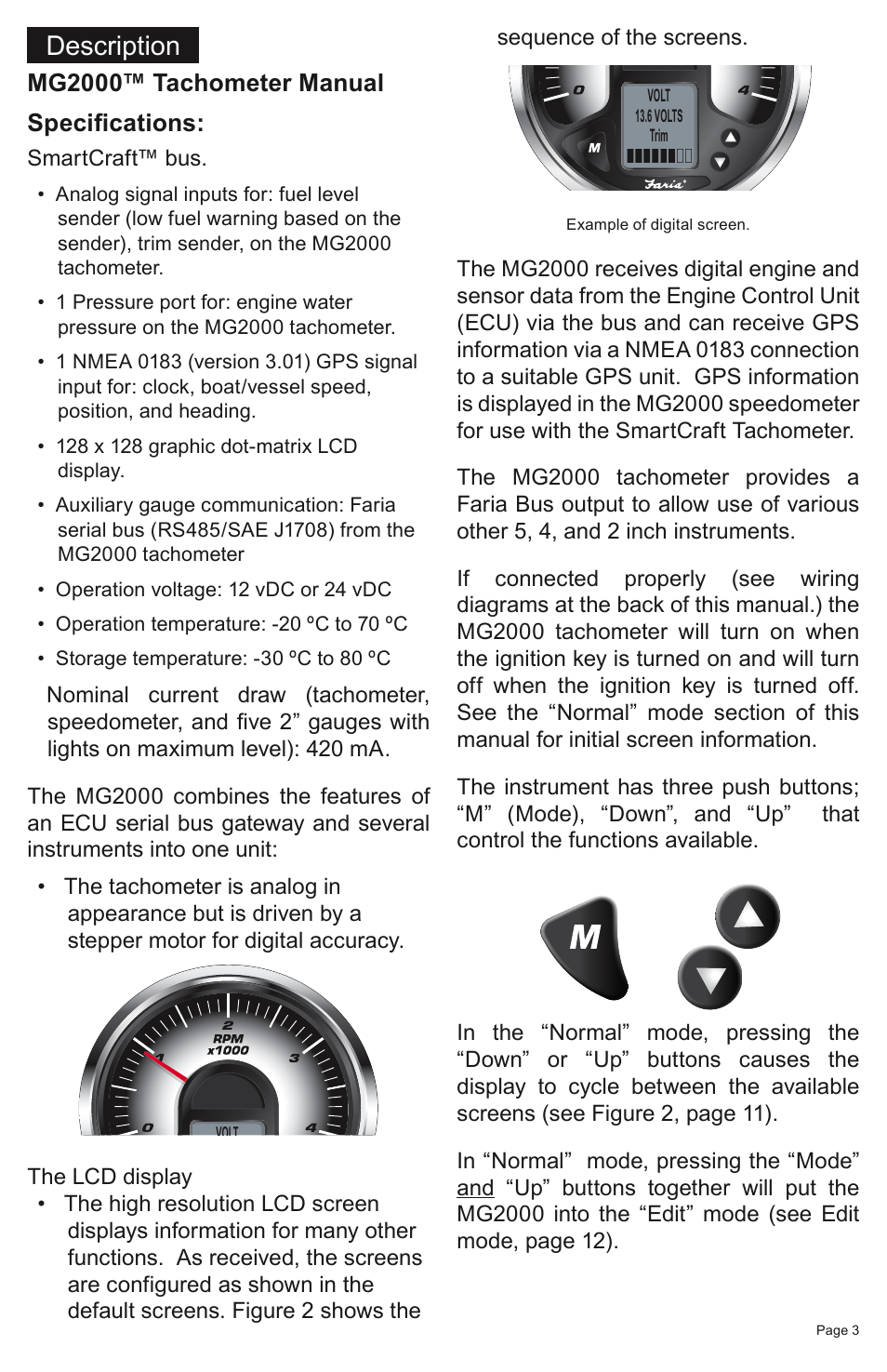 Description, Mg2000™ tachometer manual speciﬁcations | Faria Instruments SMARTCRAFT MG2000 User Manual | Page 9 / 60