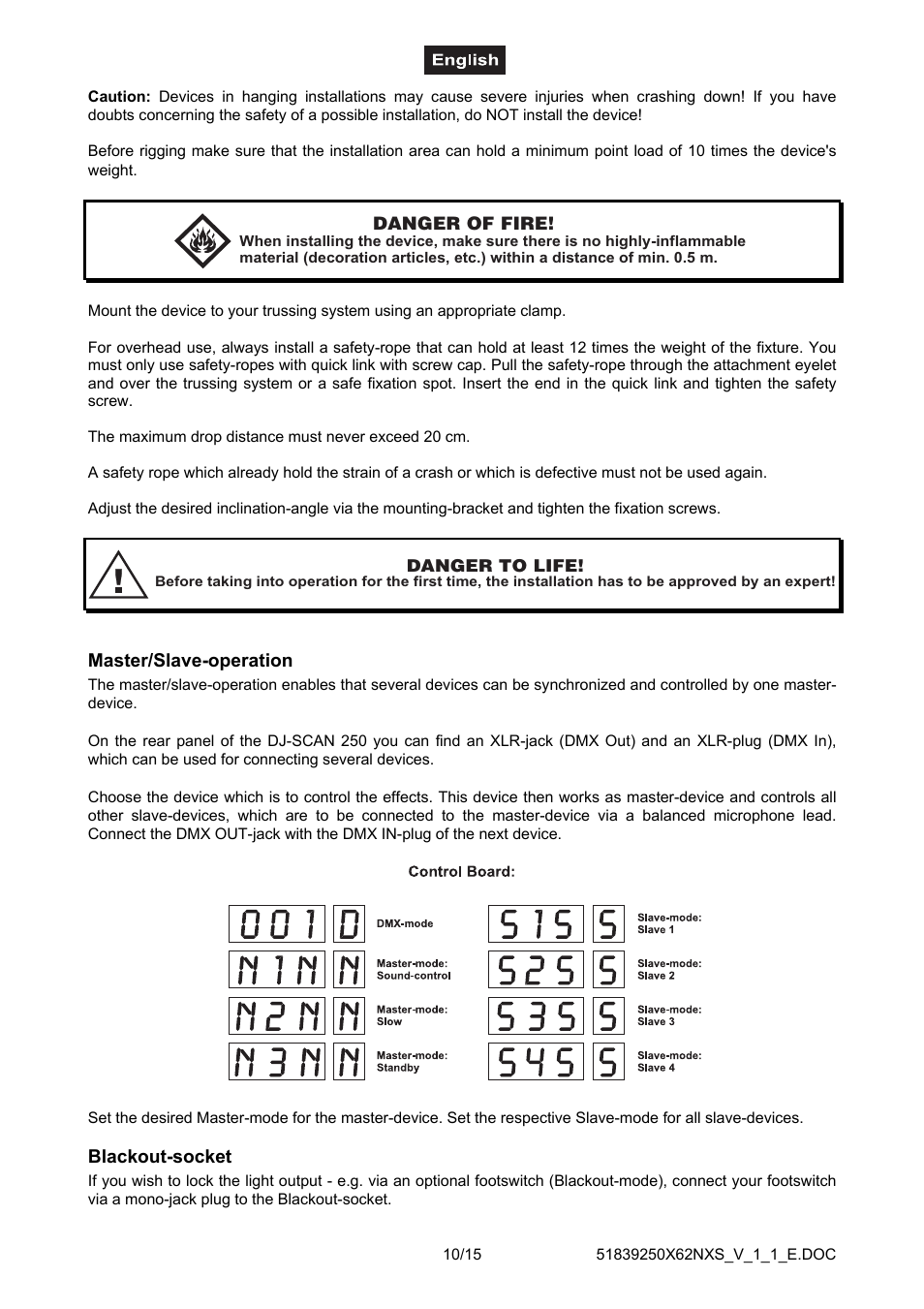 Master/slave-operation, Blackout-socket, Master/slave-operation blackout-socket | Futuretech DJ-SCAN 250 User Manual | Page 10 / 15