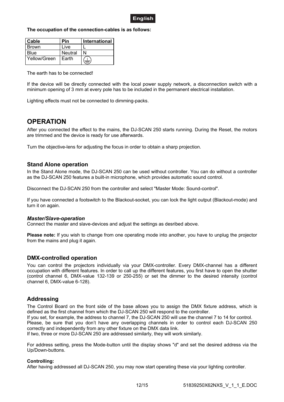 Operation, Stand alone operation, Master/slave-operation | Dmx-controlled operation, Addressing | Futuretech DJ-SCAN 250 User Manual | Page 12 / 15