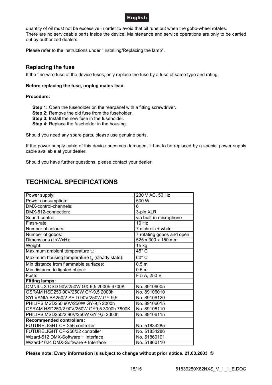 Replacing the fuse, Technical specifications | Futuretech DJ-SCAN 250 User Manual | Page 15 / 15