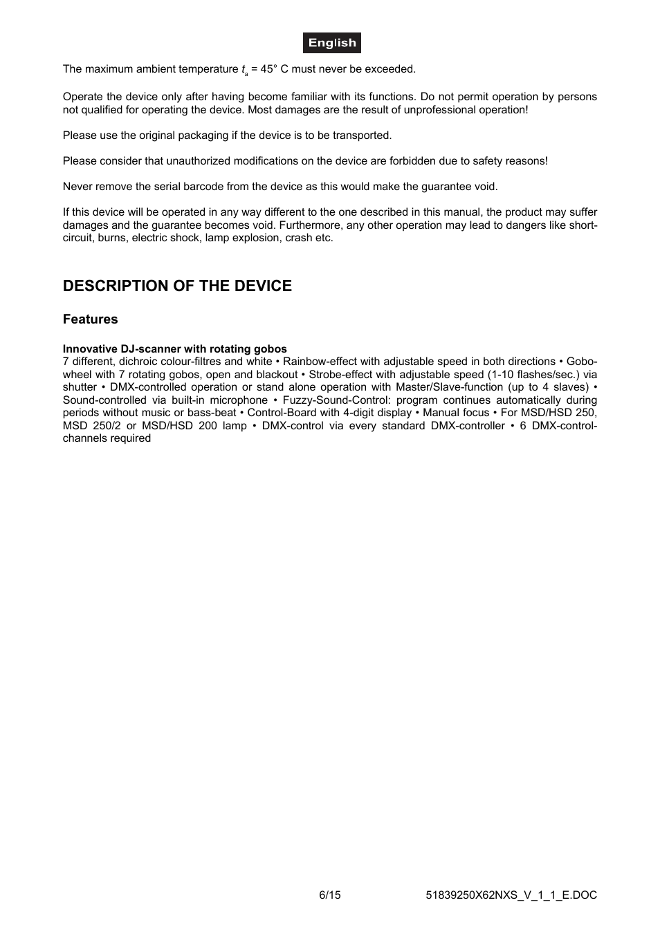 Description of the device, Features | Futuretech DJ-SCAN 250 User Manual | Page 6 / 15
