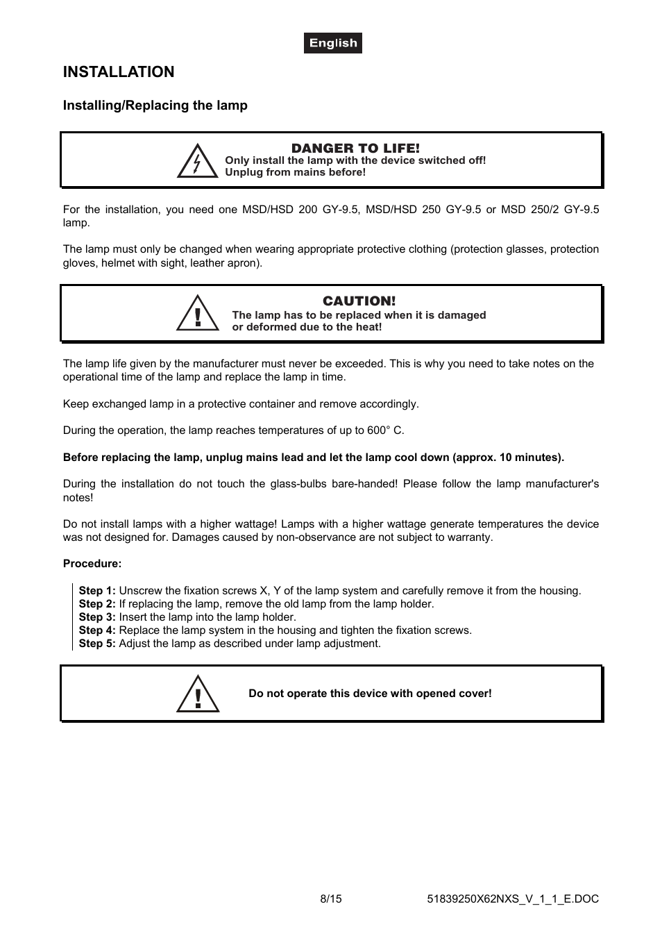 Installation, Installing/replacing the lamp | Futuretech DJ-SCAN 250 User Manual | Page 8 / 15