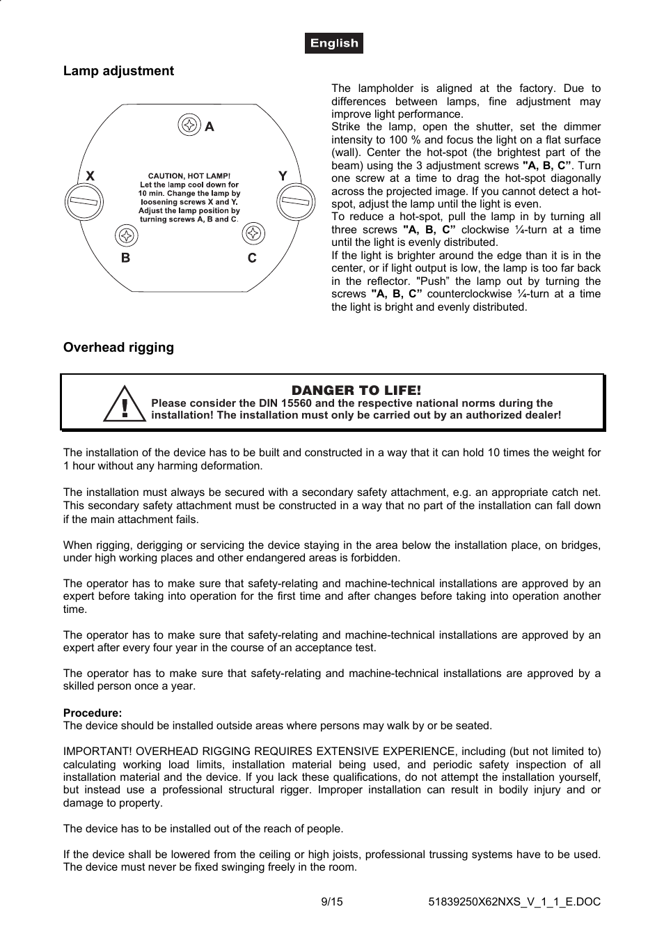 Lamp adjustment, Overhead rigging, Lamp adjustment overhead rigging | Futuretech DJ-SCAN 250 User Manual | Page 9 / 15