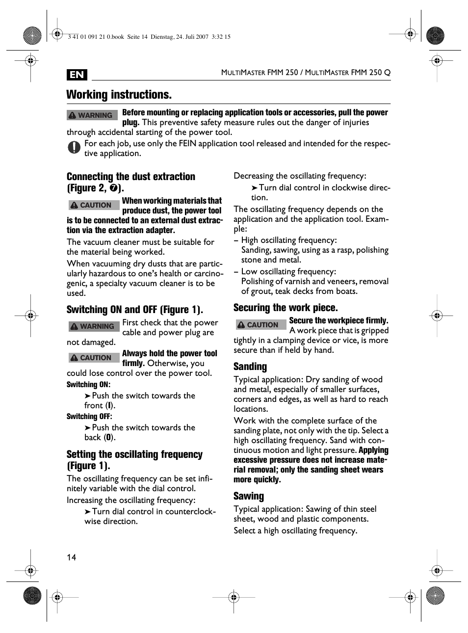 Working instructions, Connecting the dust extraction (figure 2, ➐), Switching on and off (figure 1) | Setting the oscillating frequency (figure 1), Securing the work piece, Sanding, Sawing | FEIN Power Tools FMM 250 User Manual | Page 14 / 44