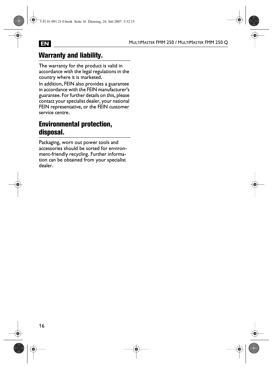 Warranty and liability, Environmental protection, disposal | FEIN Power Tools FMM 250 User Manual | Page 16 / 44