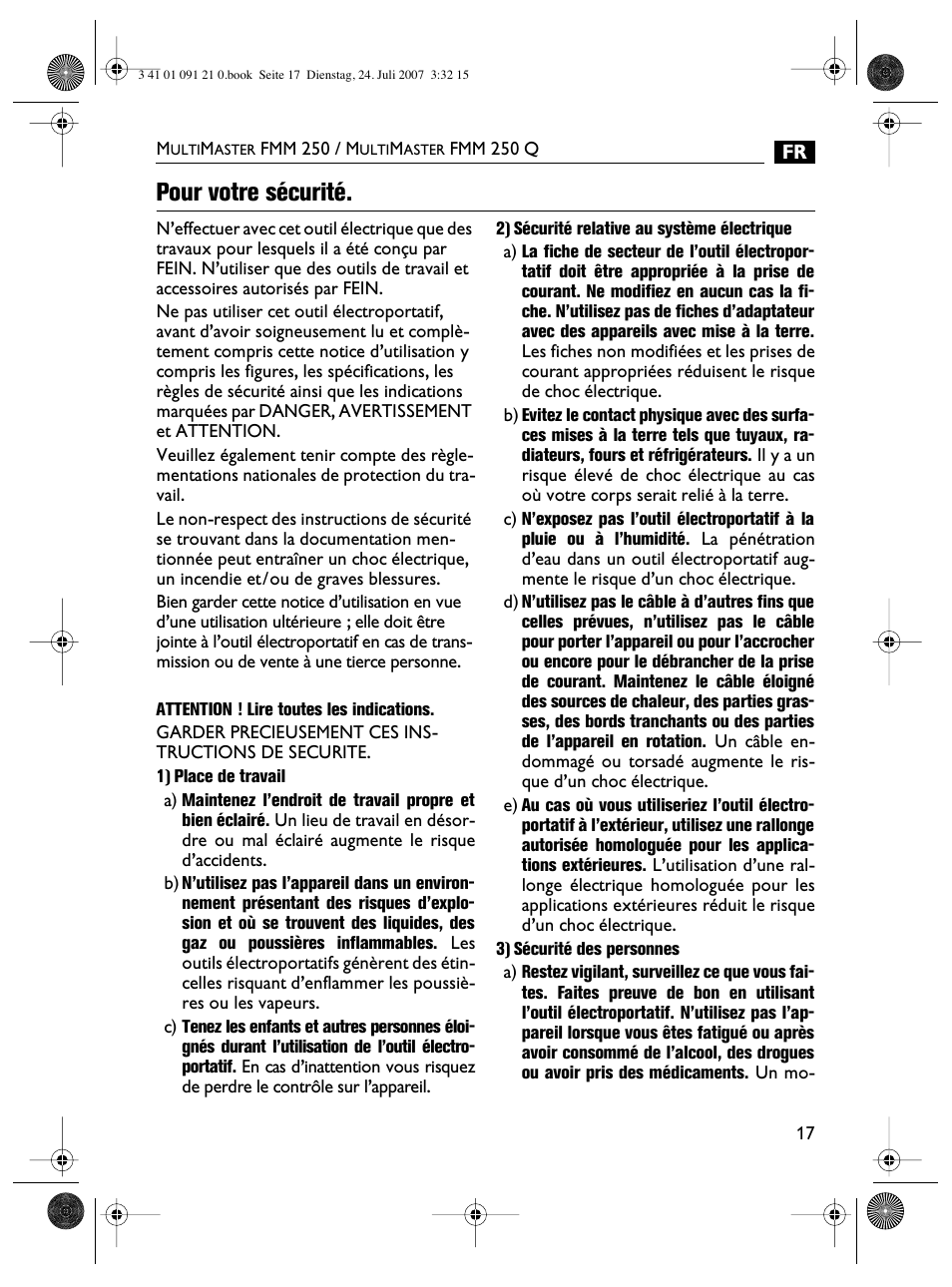 Pour votre sécurité | FEIN Power Tools FMM 250 User Manual | Page 17 / 44