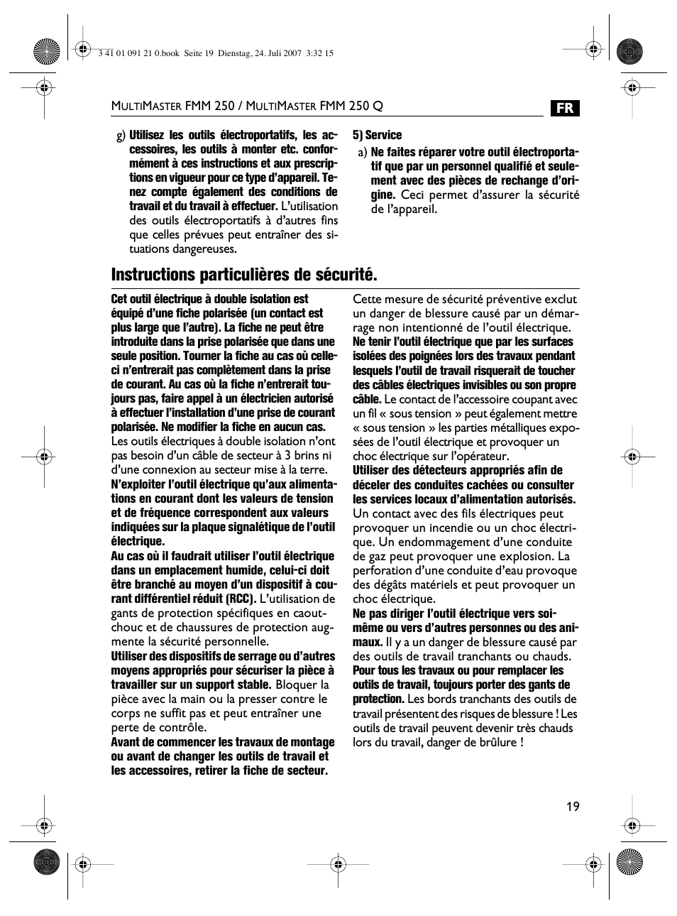 Instructions particulières de sécurité | FEIN Power Tools FMM 250 User Manual | Page 19 / 44