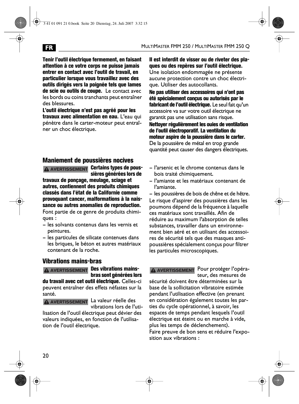 Maniement de poussières nocives, Vibrations mains-bras | FEIN Power Tools FMM 250 User Manual | Page 20 / 44