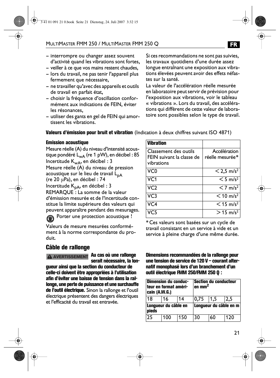 Câble de rallonge | FEIN Power Tools FMM 250 User Manual | Page 21 / 44