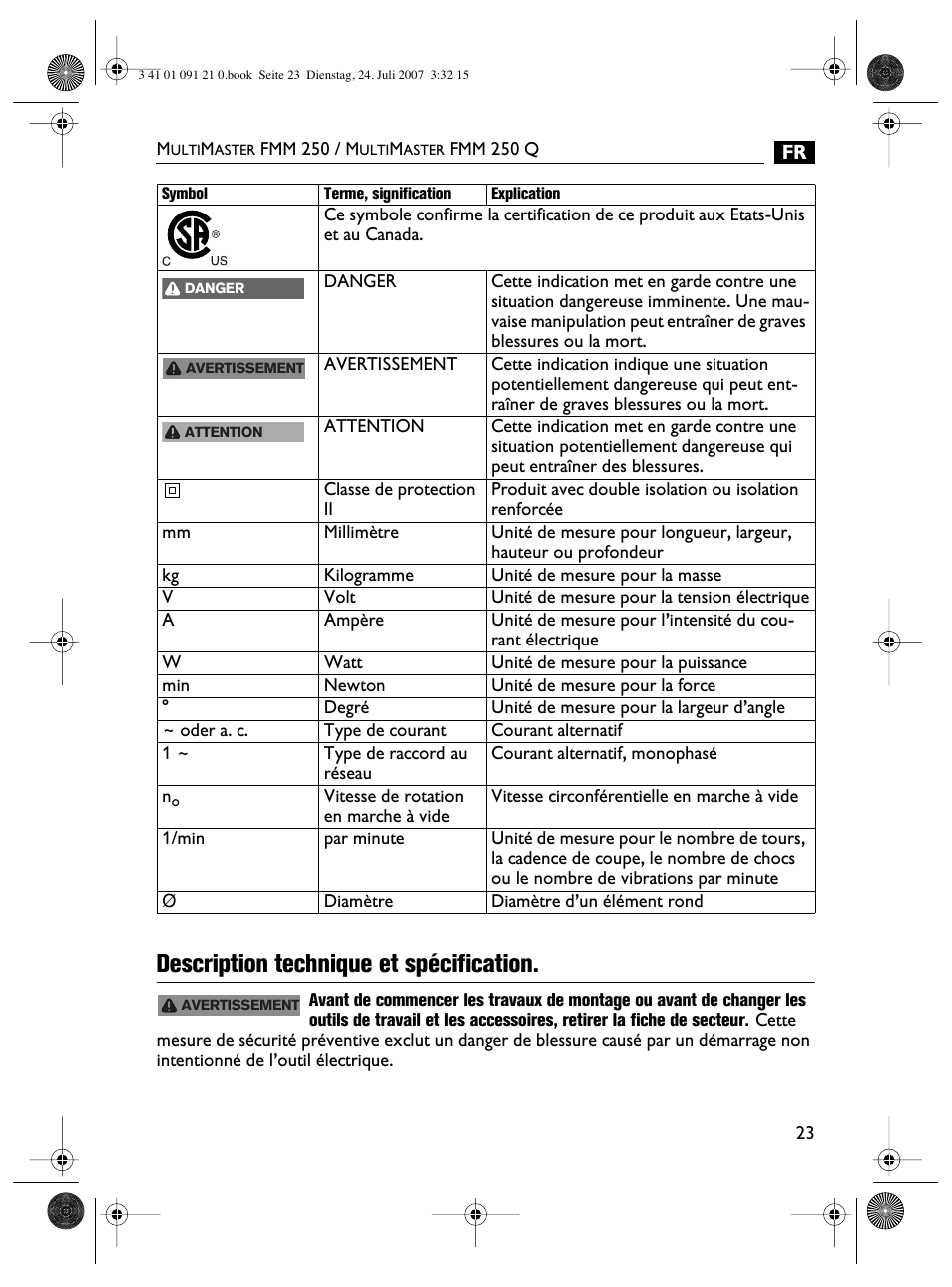 Description technique et spécification | FEIN Power Tools FMM 250 User Manual | Page 23 / 44