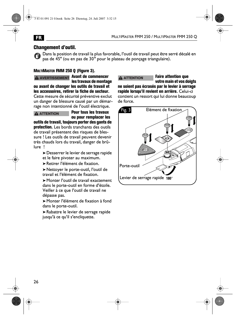 Changement d’outil | FEIN Power Tools FMM 250 User Manual | Page 26 / 44