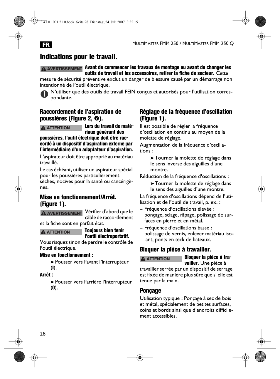 Indications pour le travail, Mise en fonctionnement/arrêt. (figure 1), Réglage de la fréquence d’oscillation (figure 1) | Bloquer la pièce à travailler, Ponçage | FEIN Power Tools FMM 250 User Manual | Page 28 / 44