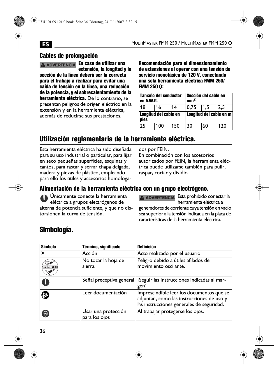 Simbología, Cables de prolongación | FEIN Power Tools FMM 250 User Manual | Page 36 / 44